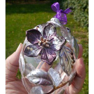 Ameri Christmas Large Clear Glass Egg Shaped Ornament Poinsettia Rhinestones 5"